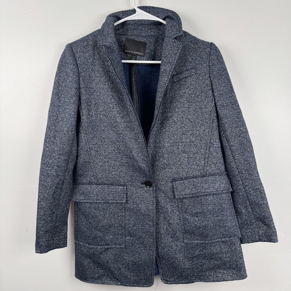 Banana Republic Coat Womens 2 Petite Blue Wool Blend Tweed Long Blazer Jacket